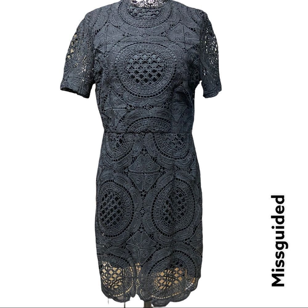 MISSGUIDED lace short sleeve knee length black sheath dress + size 12
